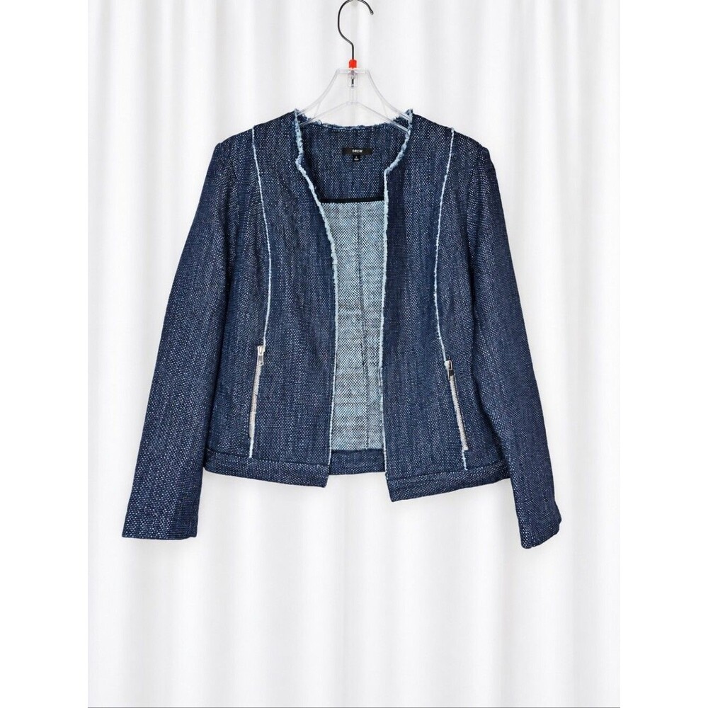 DREW Navy Blue Metallic Tweed Frayed Seams Zip Pockets Open Front Classic Jacket